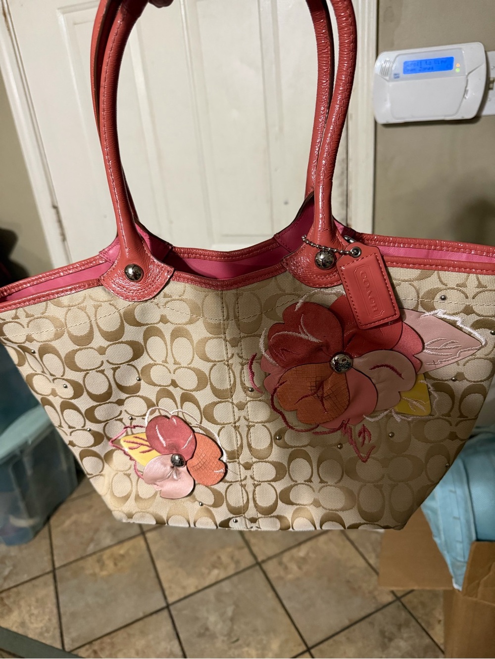 Coach Beige Signature Canvas Shoulder Tote with Pink Floral Appliqués